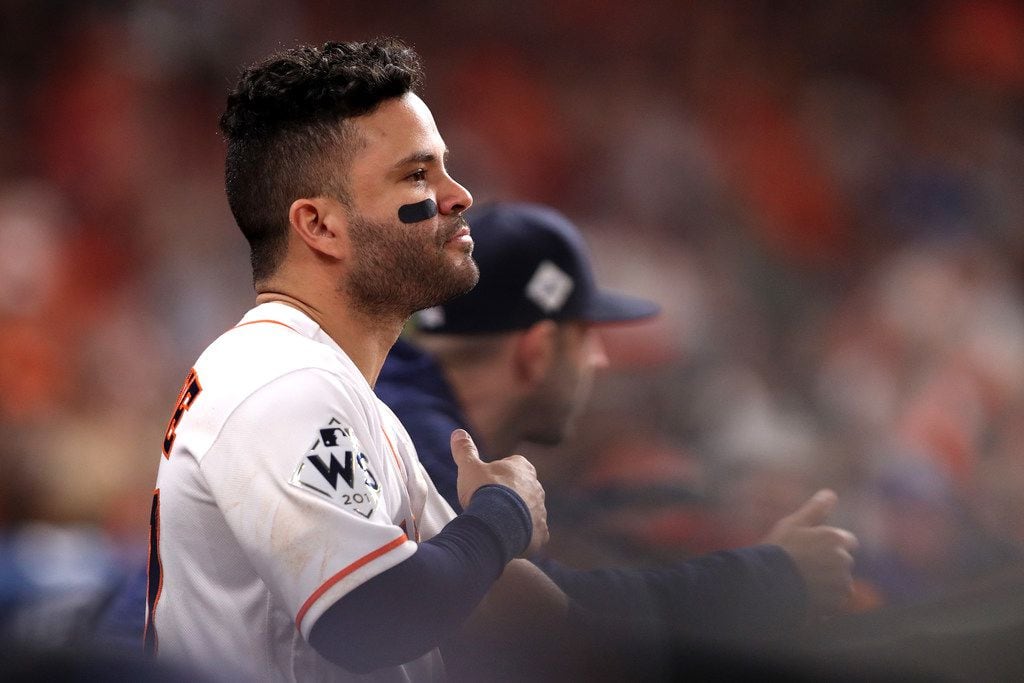 Jose Altuve of the Houston Astros looked on from the dugout after hitting a three-run home...