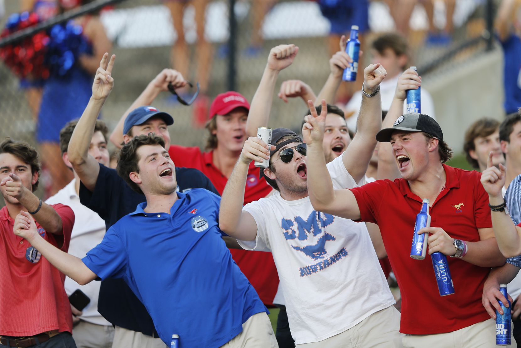 Southern Methodist Mustangs fans near the end zone cheer for their team as they play Stephen...