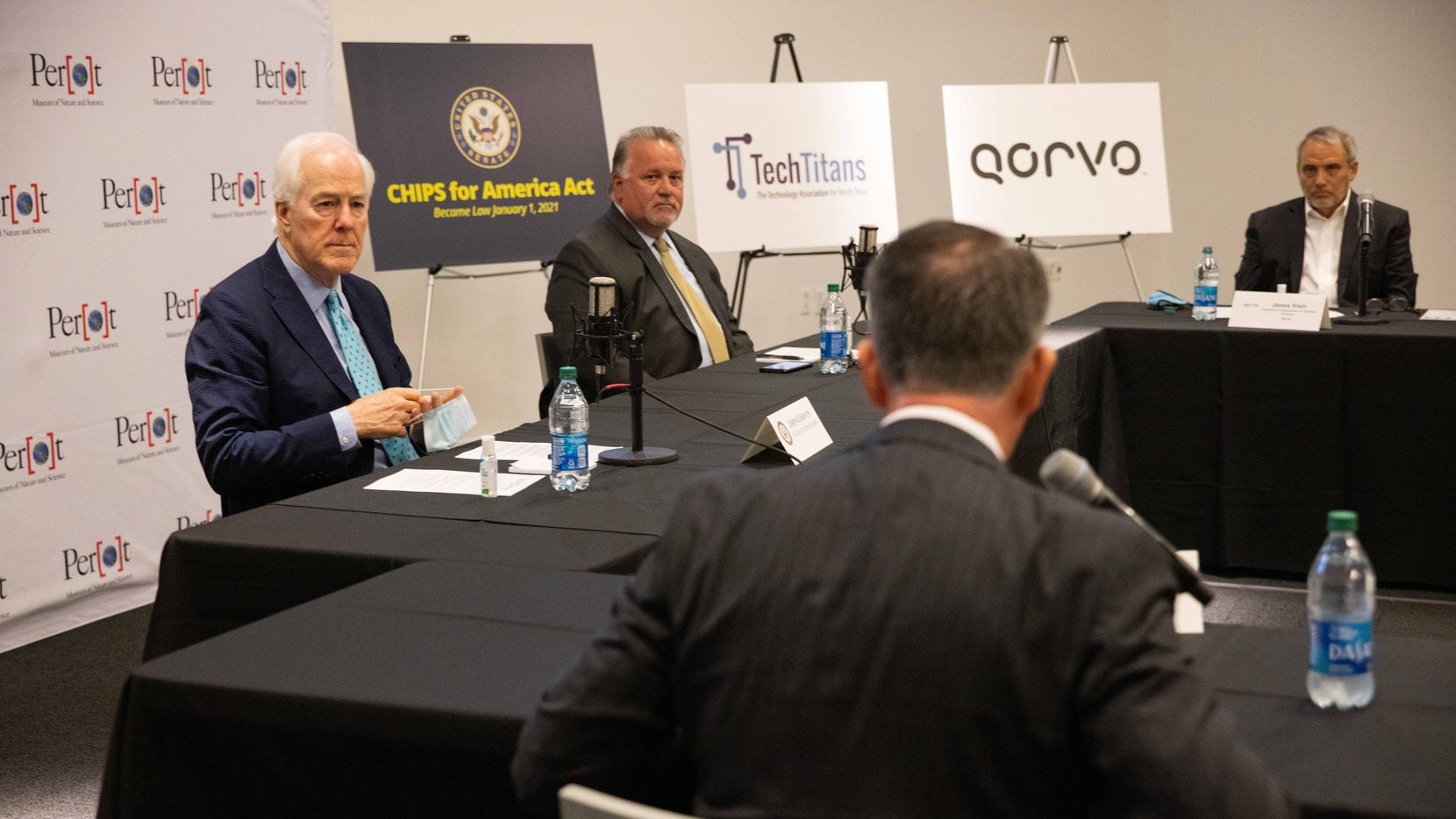 U.S. Senator John Cornyn listens during a roundtable discussing the semiconductor shortages impact on manufacturing in North Texas at the Perot Museum of Nature and Science on Thursday, May 6, 2021, in Dallas.