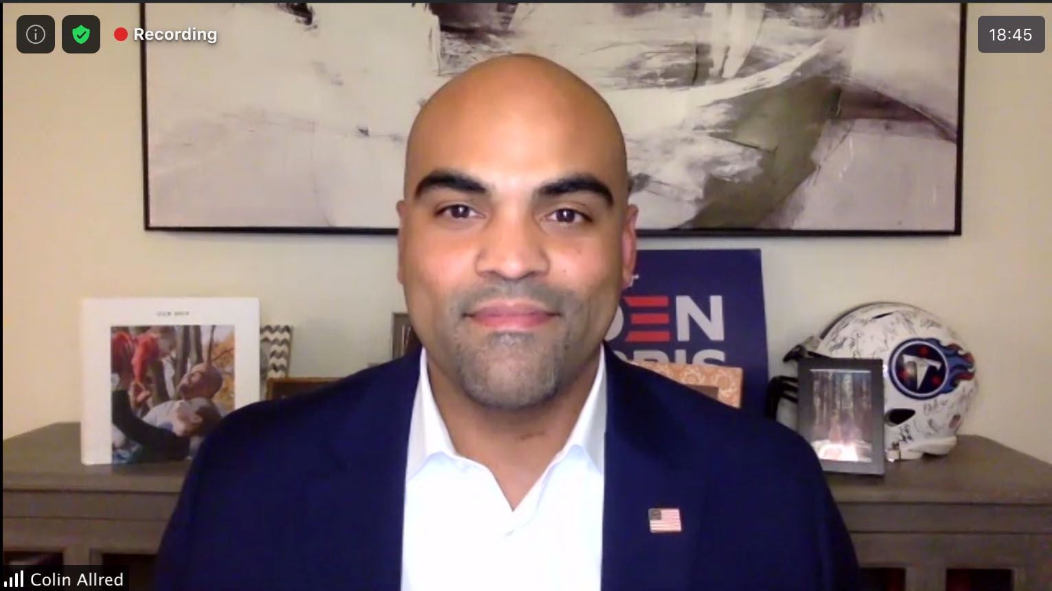 U.S. Rep. Colin Allred (D-Dist. TX 32), makes a statement via a virtual Zoom call on election night, Tuesday Nov. 3, 2020. He thanked his competitor, Republican Genevieve Collins, who he faced in the Congressional race.