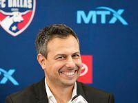 New FC Dallas head coach Nico Estévez smiles during his introductory press conference at the National Soccer Hall of Fame on Friday, Dec. 3, 2021, in Frisco, Texas.