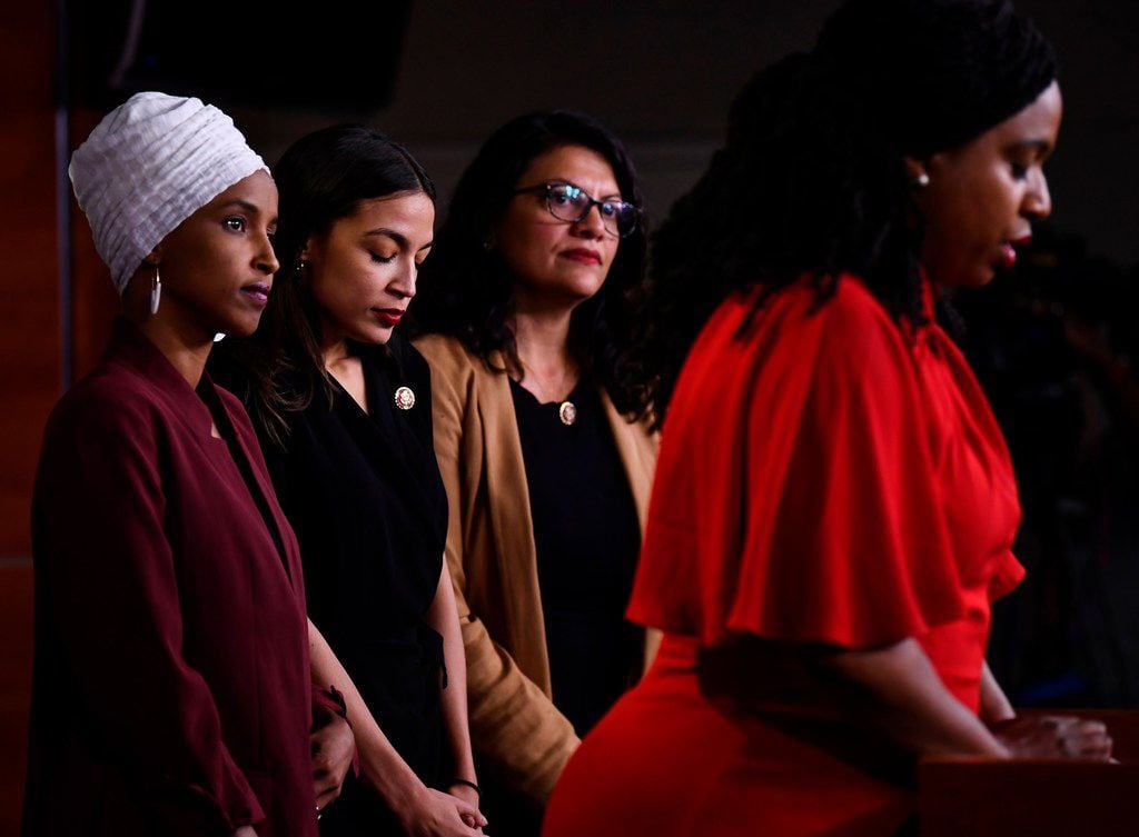 U.S. Reps. Ayanna Pressley, D-Mass., speaks as Ilhan Abdullahi Omar, D-Minn., Rashida Tlaib, D-Mich., and Alexandria Ocasio-Cortez, D-N.Y., hold a news conference to address remarks made by President Donald Trump earlier in the day. Trump said of the four:  If they're not happy in the United States "they can leave."