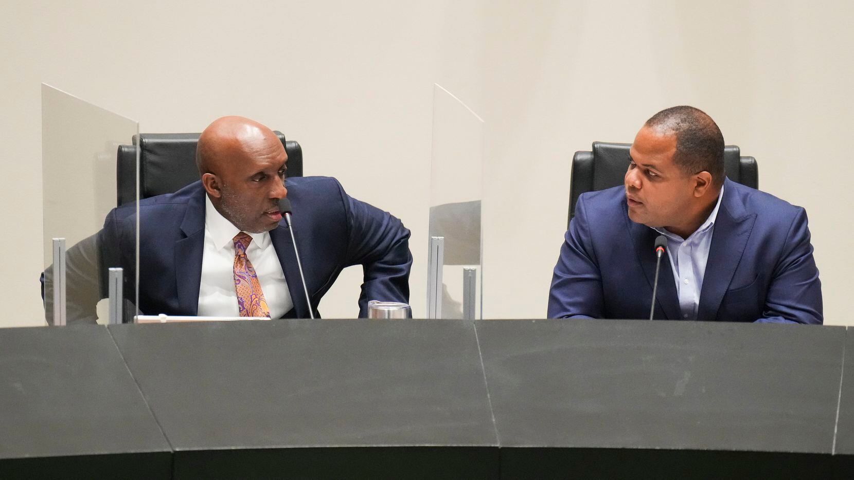 Dallas City Manager T.C. Broadnax, left, and, Mayor Eric Johnson during a City Council...