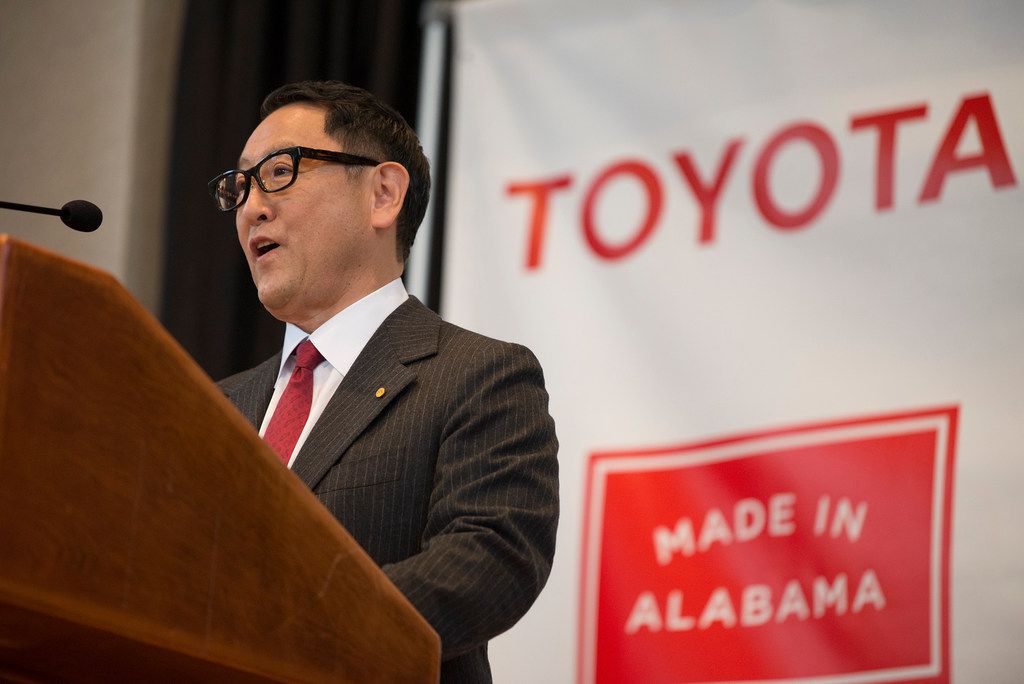 Akio Toyoda, Toyota Motor Corp. president, speaks during a press conference, Wednesday, Jan....