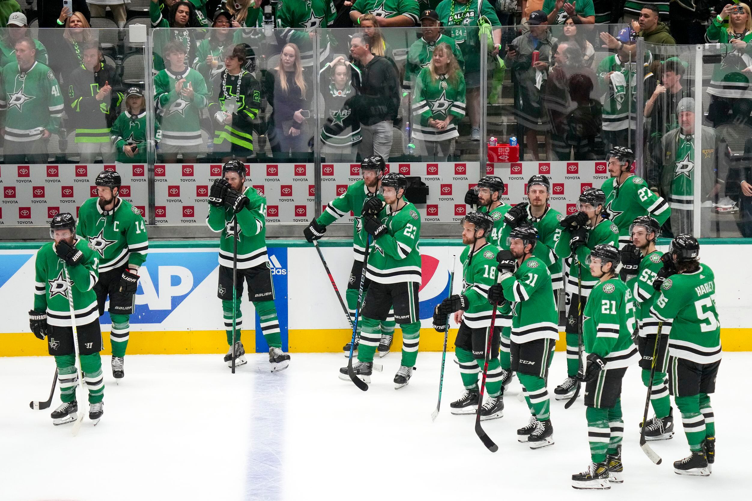 Dallas Stars player gather on the ice after a loss to the Vegas Golden Knights in Game 6 of...