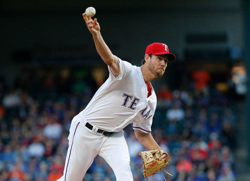 Texas Rangers starting pitcher Doug Fister (38) pitches during the Houston Astros vs. the...