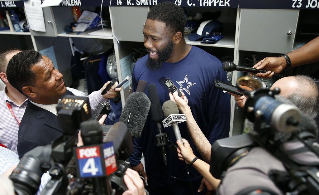 Cowboys rookie defensive end Charles Tapper talks with the media in a locker room during the Dallas Cowboys rookie minicamp at Valley Ranch in Irving, Texas, Friday, May 6, 2016. (Jae S. Lee/The Dallas Morning News)