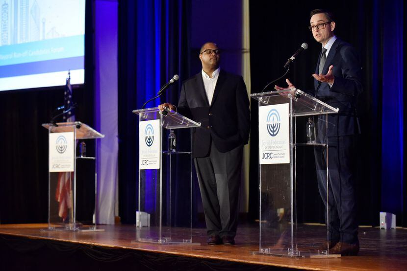 Dallas Mayoral candidates Eric Johnson, left, and Scott Griggs participated in a mayoral...