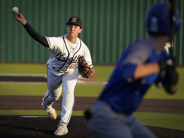 Rockwall-Heath pitcher Josh Hoover delivers to North Mesquite pitcher Kolby Long during a district 10-6A high school baseball game on Thursday, April 1, 2021, in Rockwall. (Smiley N. Pool/The Dallas Morning News)