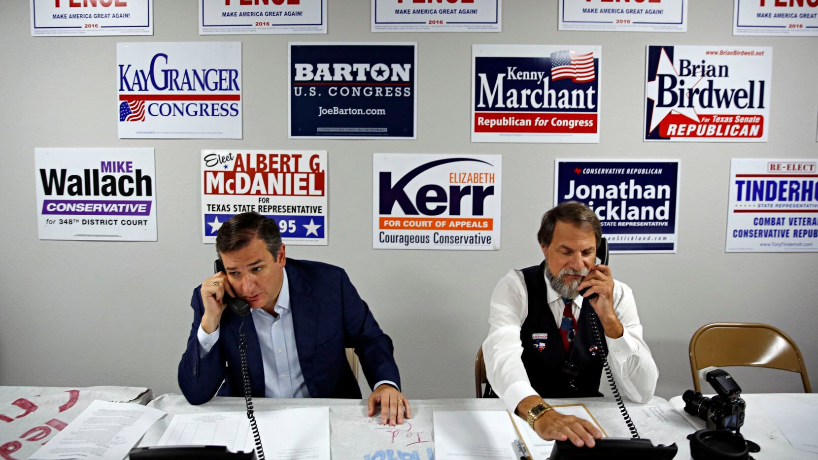 Sen. Ted Cruz (left) and James Ashby make calls at Tarrant County Republican Party...