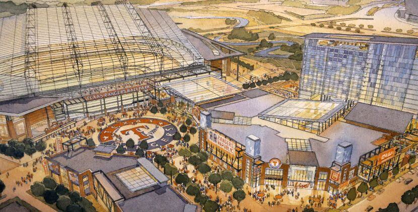 An artist's rendering shows the proposed retractable-roof ballpark (left) and proposed Texas...