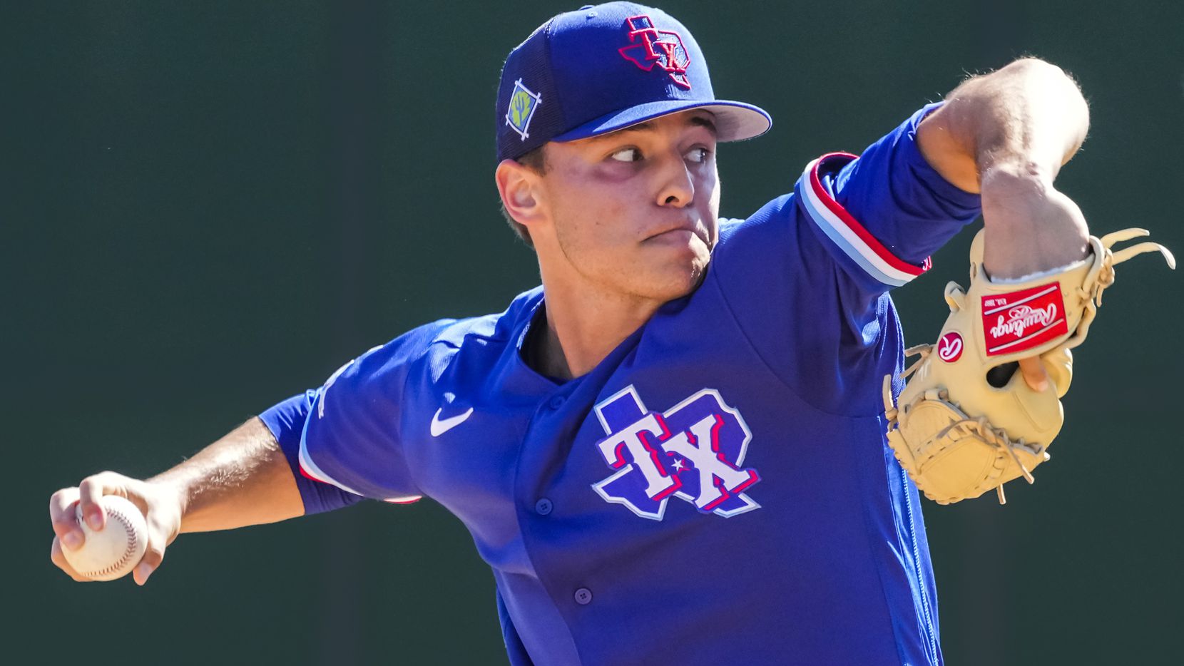 Pitcher Jack Leiter throws live batting practice during a Texas Rangers minor league spring...