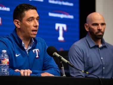 Texas Rangers President of Baseball Operations Jon Daniels answers questions next to Manager Chris Woodward during the Texas RangersÕ end of the year press conference at Globe Life Field on Wednesday, October 6, 2021 in Arlington, Texas. (Emil Lippe/Special Contributor)