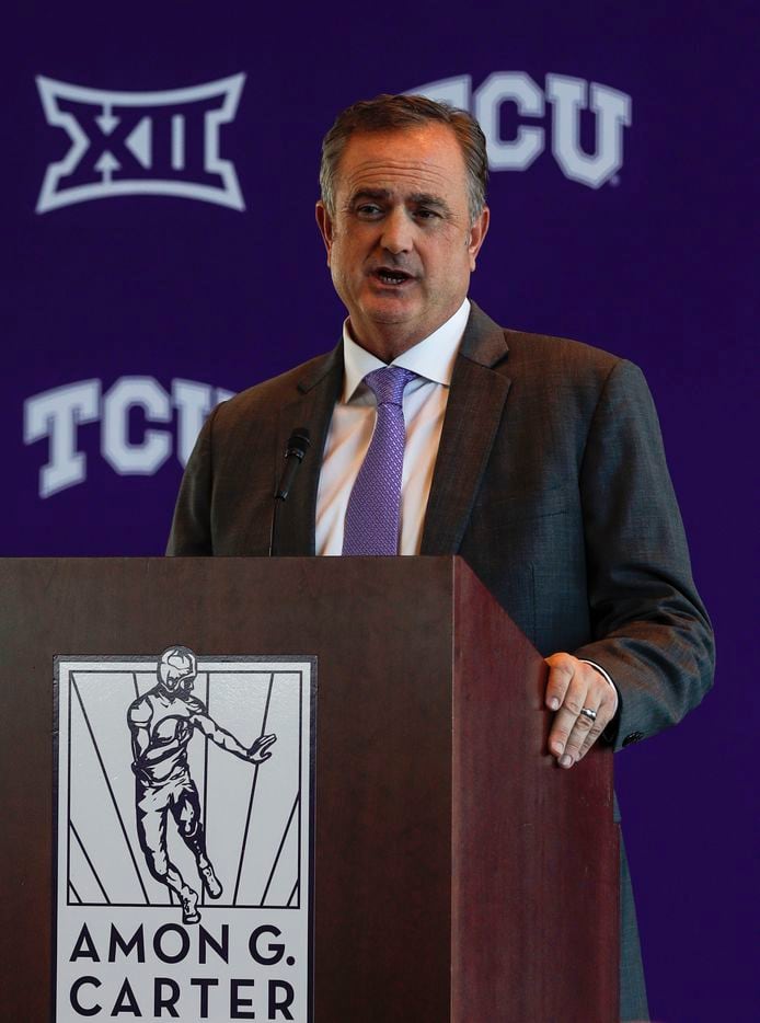 Texas Christian University's head football coach, Sonny Dykes, speaks at a news conference for the first time at Amon G. Carter Stadium in Fort Worth on Tuesday, Nov. 30, 2021. Dykes was formerly introduced as the new head coach of Texas Christian University's football team during the news conference.(Rebecca Slezak/The Dallas Morning News)