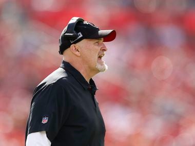 Head coach Dan Quinn of the Atlanta Falcons reacts against the Tampa Bay Buccaneers during the first half at Raymond James Stadium on December 29, 2019 in Tampa, Florida.