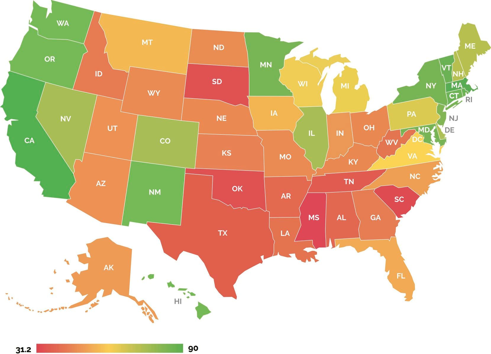 Out Leadership's heat map of states ranging from red to green based on how poorly or favorably they scored in an assessment of the inclusivity of each state's business environment.
