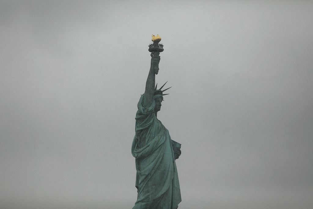 The Statue of Liberty stands in New York Harbor.