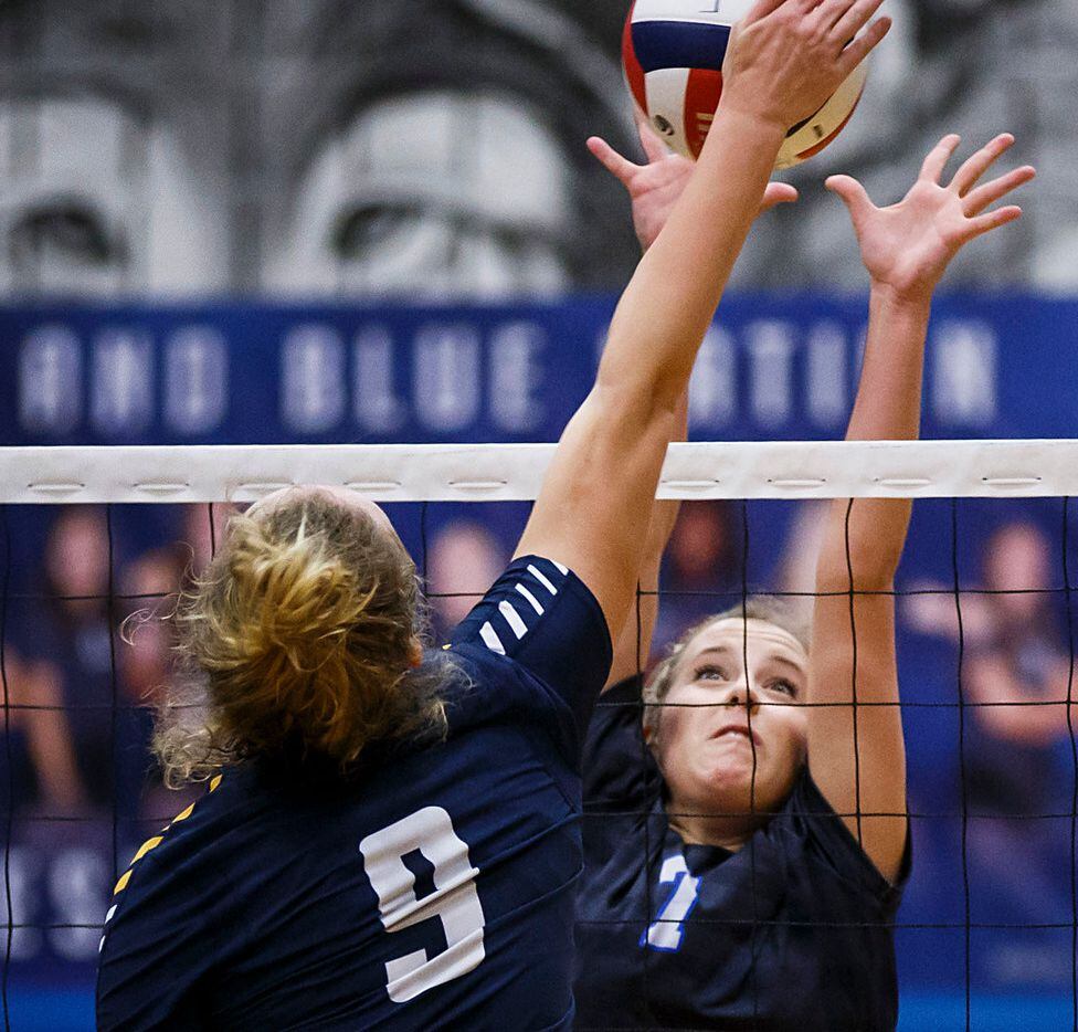 Plano West's Jill Pressly (7) goes up for a block against McKinney's Sophie Manson (9)...