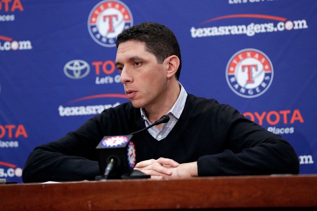 Texas Rangers President of Baseball Operations and General Manager Jon Daniels addresses...