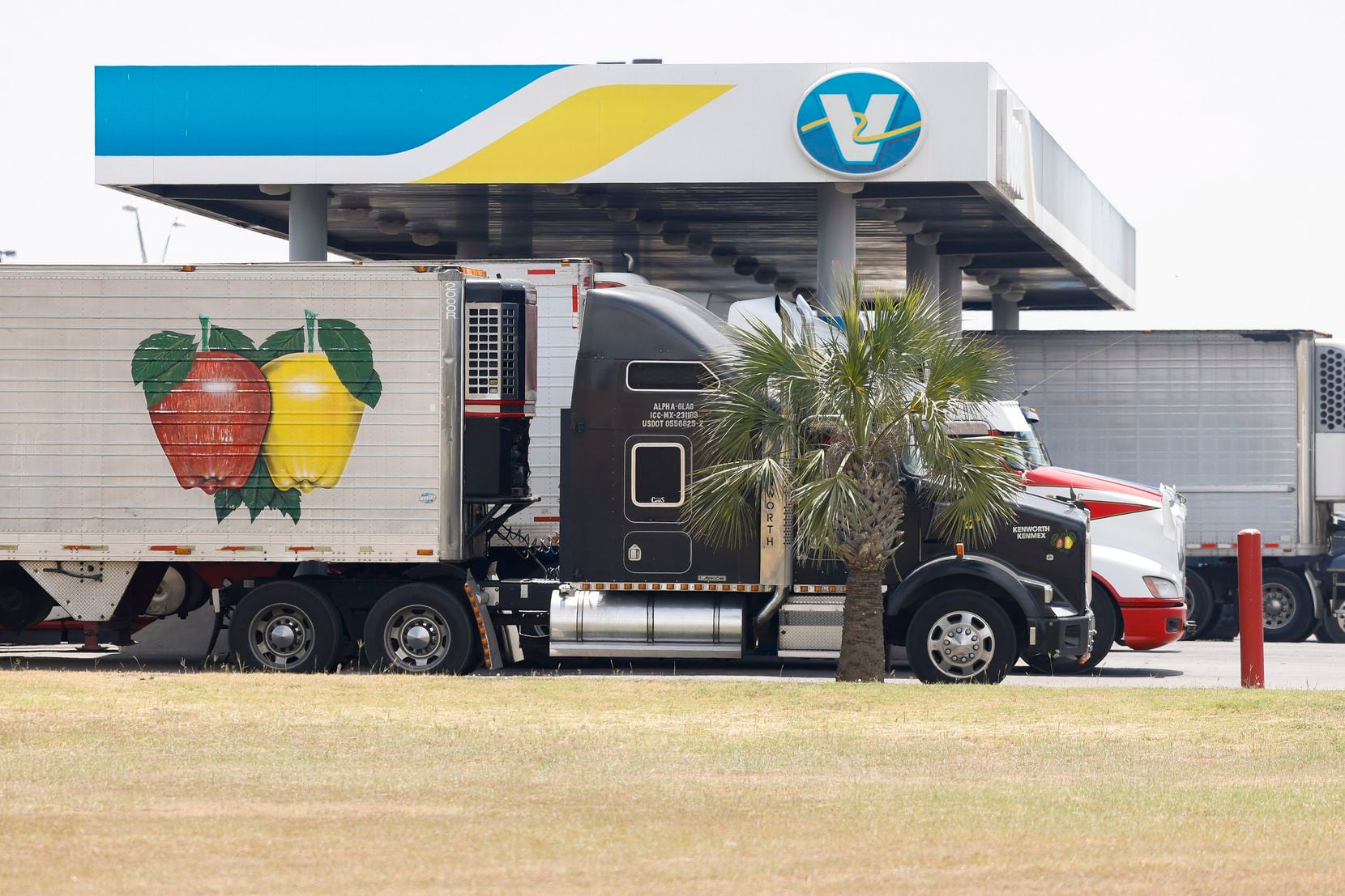 Semi-trucks sit at a rest stop near the Pharr–Reynosa International Bridge on Monday, April...