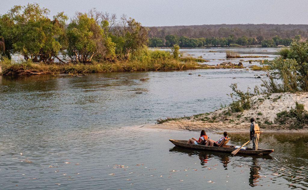 The Zambezi River is calm enough above Victoria Falls for guests of the Islands of Siankaba...