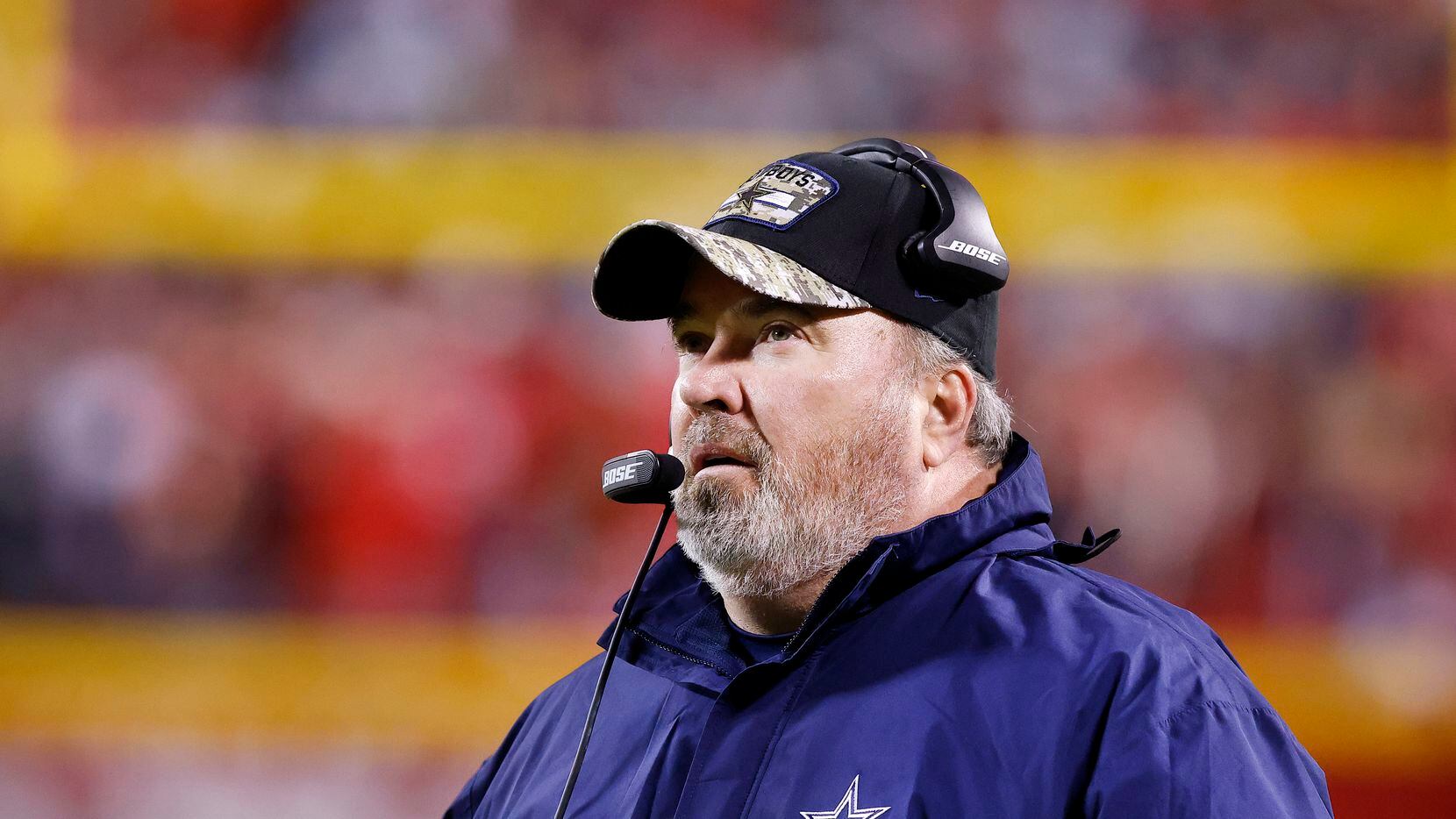 Dallas Cowboys head coach Mike McCarthy looks to the video board for a replay after the defense made a fourth quarter stop against Kansas City Chiefs at Arrowhead Stadium in Kansas City, Missouri, November 21, 2021. The Cowboys lost, 19-9.