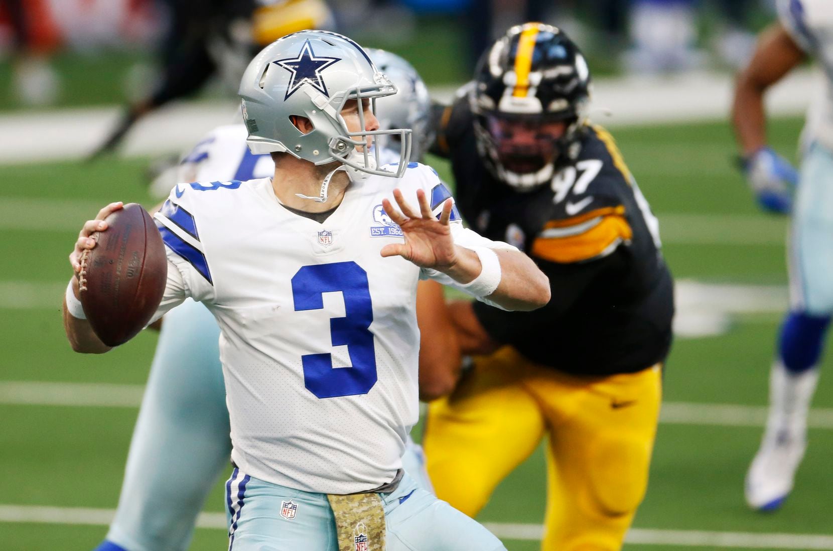 Dallas Cowboys quarterback Garrett Gilbert (3) attempts a pass in a game against the Pittsburgh Steelers during the first quarter of play at AT&T Stadium in Arlington, Texas on Sunday, November 8, 2020. (Vernon Bryant/The Dallas Morning News)