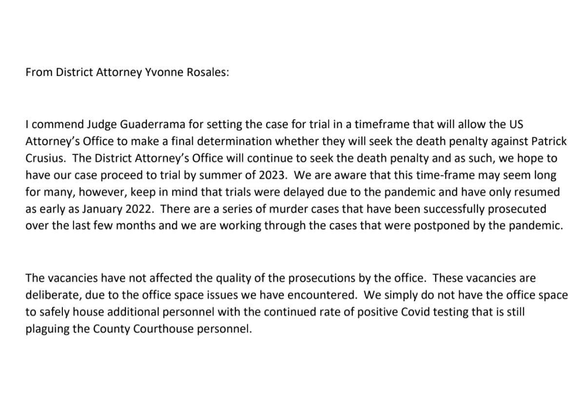 This is statement that El Paso District Attorney Yvonne Rosales issued to the Dallas Morning...