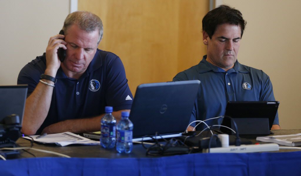 Director of Player Personnel Tony Ronzone and Owner Mark Cuban in the war room prior to the Dallas Mavericks Draft at the American Airlines Center in Dallas, Texas on Thursday, June 25, 2015. 