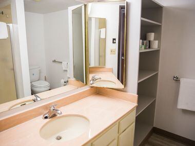 The bathroom of a room inside St. Jude Center, a senior-living facility for homeless in...