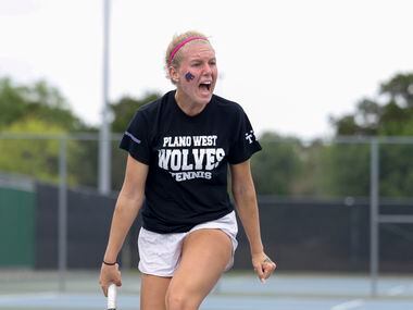 Plano West’s Summer Shannon lets out a celebratory scream after a point during the 6A mixed...