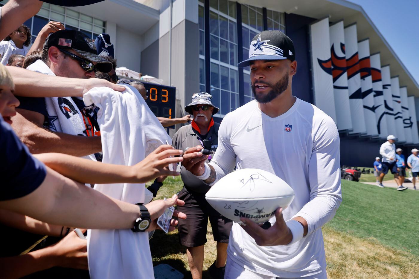 against Denver Broncos during a joint practice at the Broncos Training Center in Centennial,...