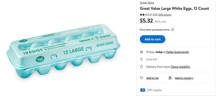 Great Value Large White Eggs, 12 Count sold at Walmart in Dallas on January 25th, 2023 for...
