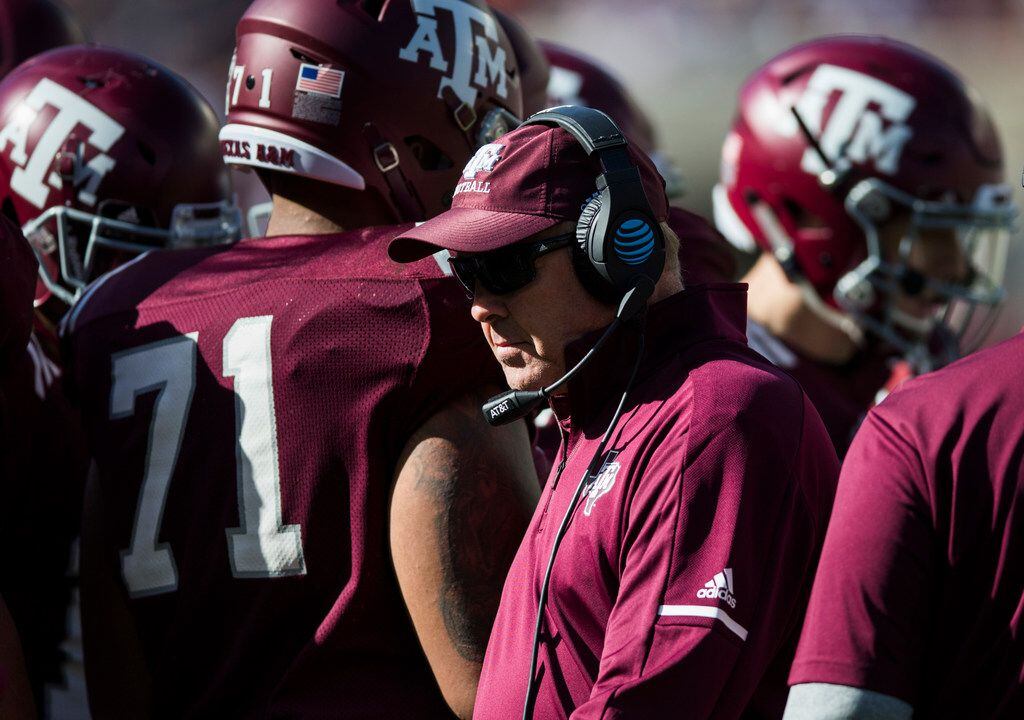 Texas A&M Aggies offensive coordinator Darrell Dickey stands on the sideline during a Texas...