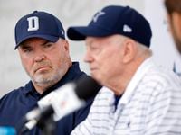 Dallas Cowboys head coach Mike McCarthy (left) listens to owner Jerry Jones speak during the...